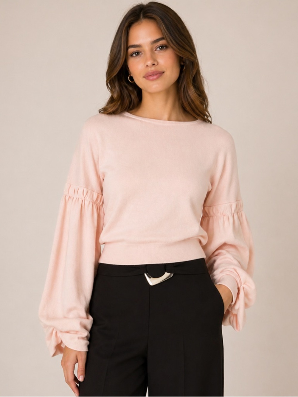 Knit Crop Top With Bell Ruched Sleeves